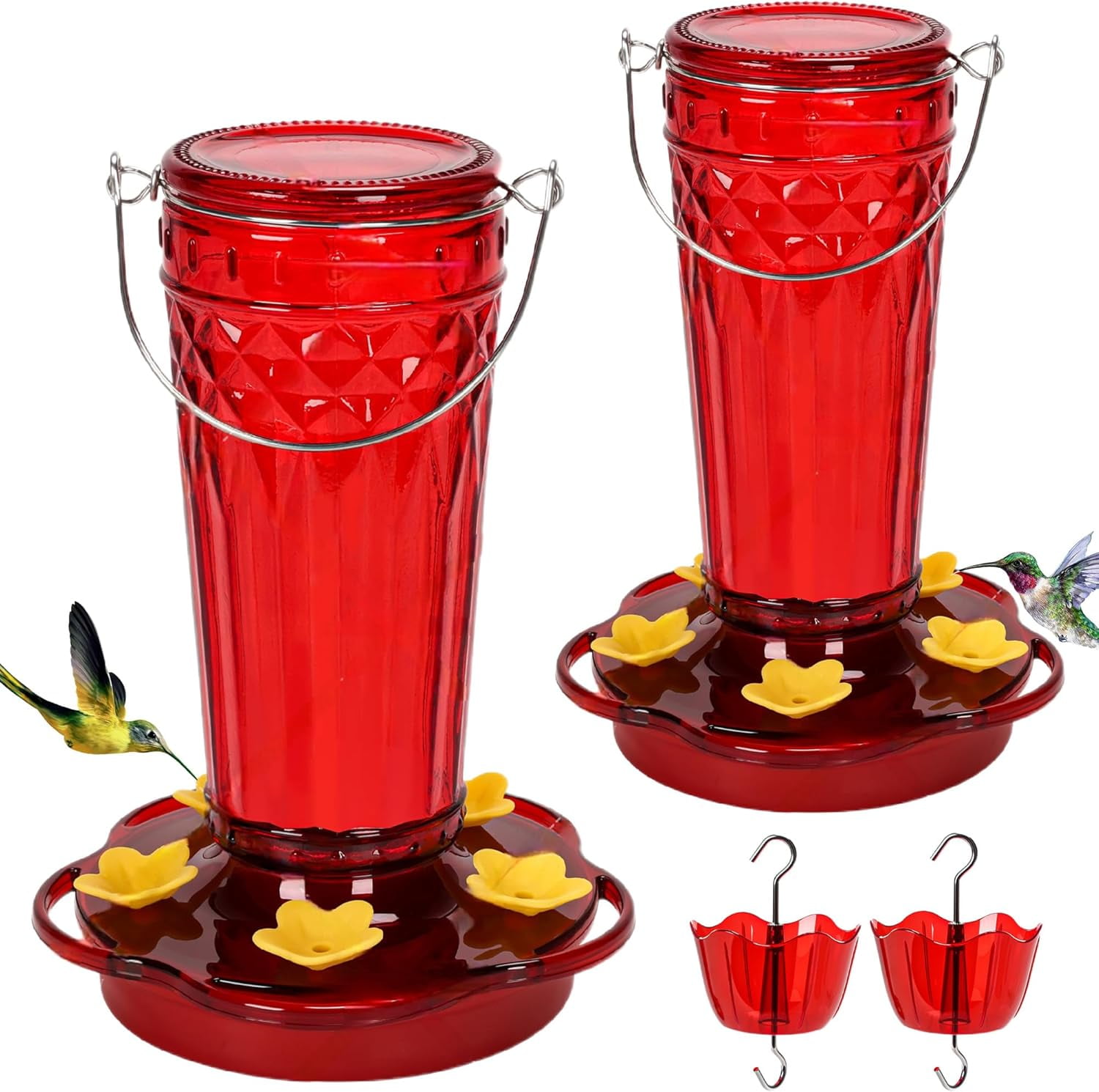 2 Pack Glass Hummingbird feeders for Outdoors 14Ounces，5 Feeding Ports Feeder,Wide Mouth Easy Filling/Cleaning，Hanging Garden Backyard Decor, Includes Ant Moat (Red，2Pack)