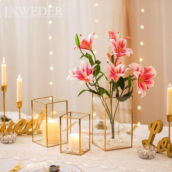 Glass Hurricane Candle Holder: 6 Pcs Gold Large Rectangular Hurricane Candleholder Lantern Centerpieces for Tables Glass Decorative Lantern Candle Holder for Wedding Christmas Home Decor