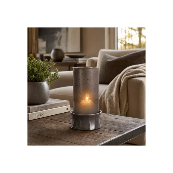 Glass Hurricane Candle Holder with Metal Base for Home Decor - Decoraive Pillar Candlestick Holder for Mantel and Shelf Display - Decorative Accent for Table Centerpieces - 11", Gray & Silver