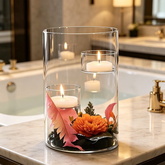 Glass Hurricane Candle Holder for Tea Light,Clear Cylinder Pillar Candle Holder,Hurricane Glass Candle Holders for Dining Room Wedding Parties Home Decorations(5.91x4.72x4.72 in)