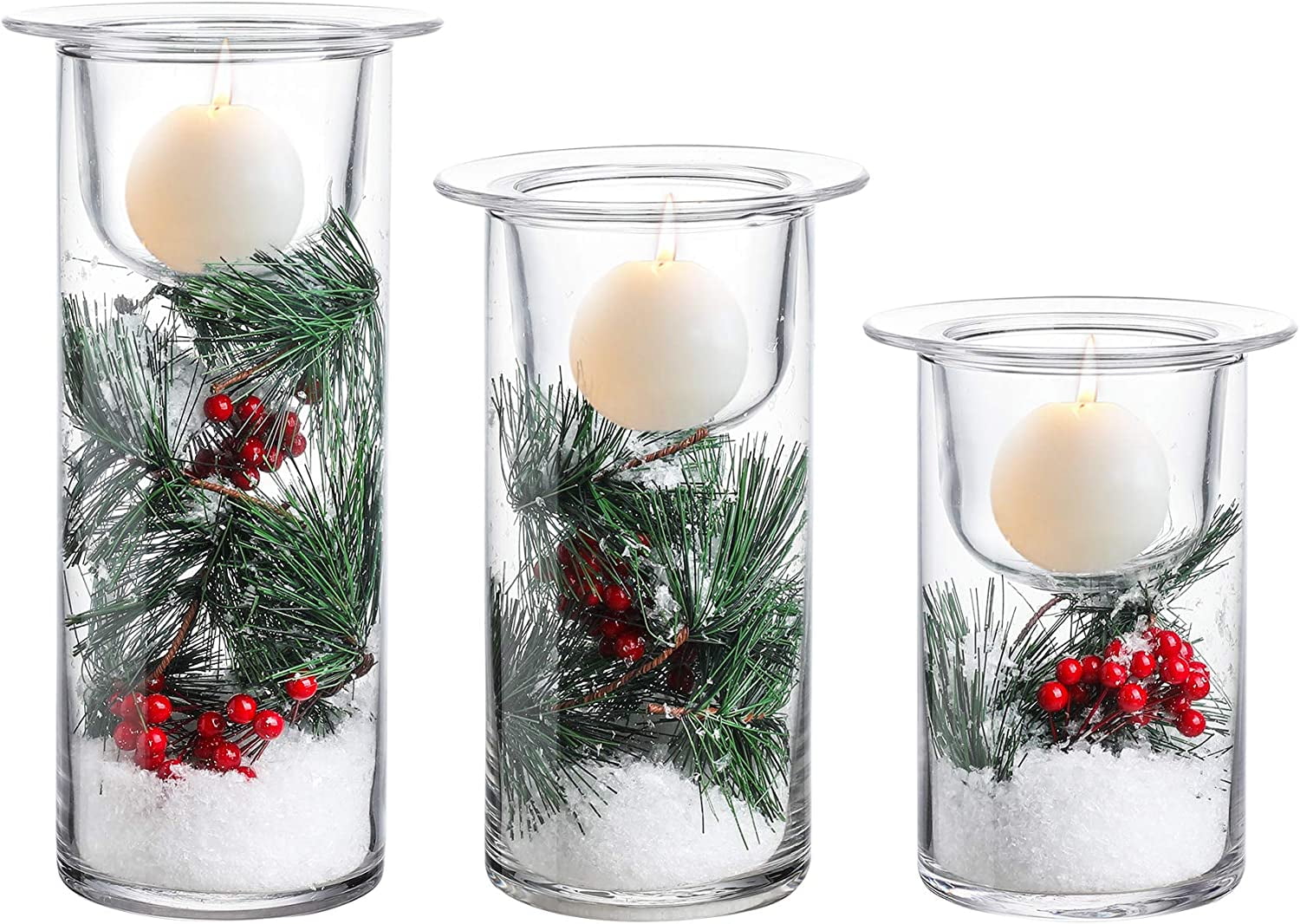 Holiday Glass Hurricane Candle Holders with Christmas Ornaments - Set of 3  (Candles Not Included) - Walmart.com, image size:1500x1066