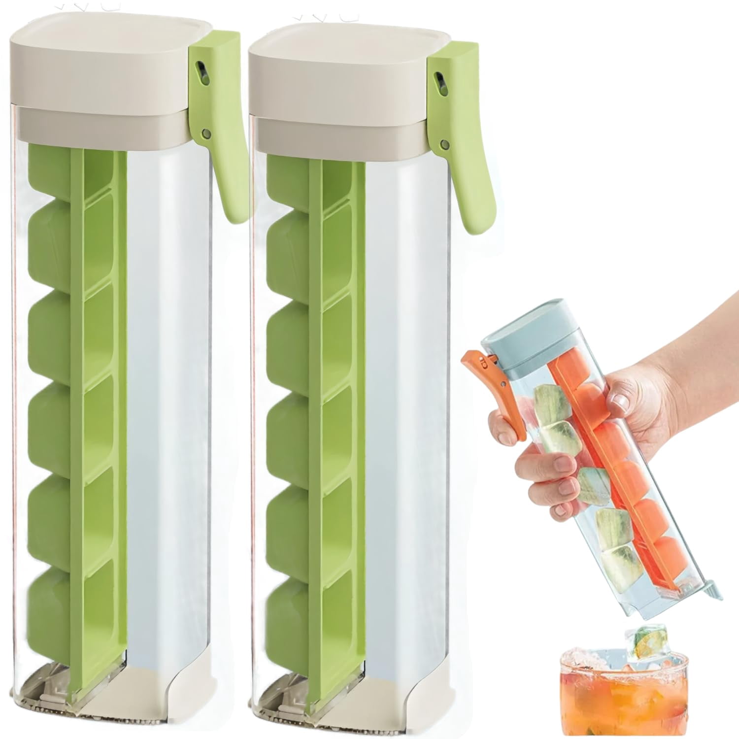 Glass Ice Cube Maker – Press Ice Tray Mold with Storage Container, Portable 6 Grid Square Ice Tray for Home, Kitchen, Office(2 Green)