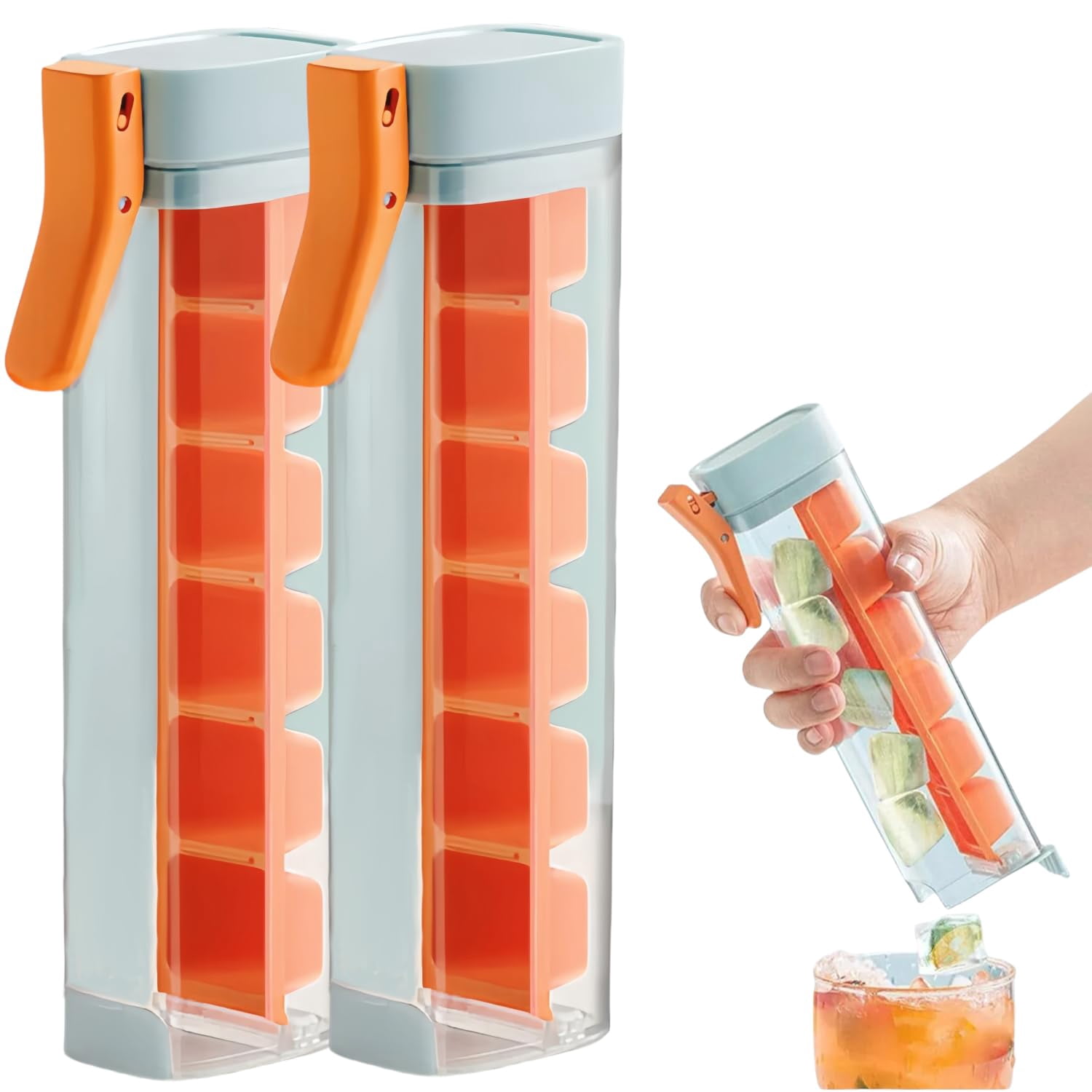 Glass Ice Cube Maker – Press Ice Tray Mold with Storage Container, Portable 6 Grid Square Ice Tray for Home, Kitchen, Office(2 Orange)