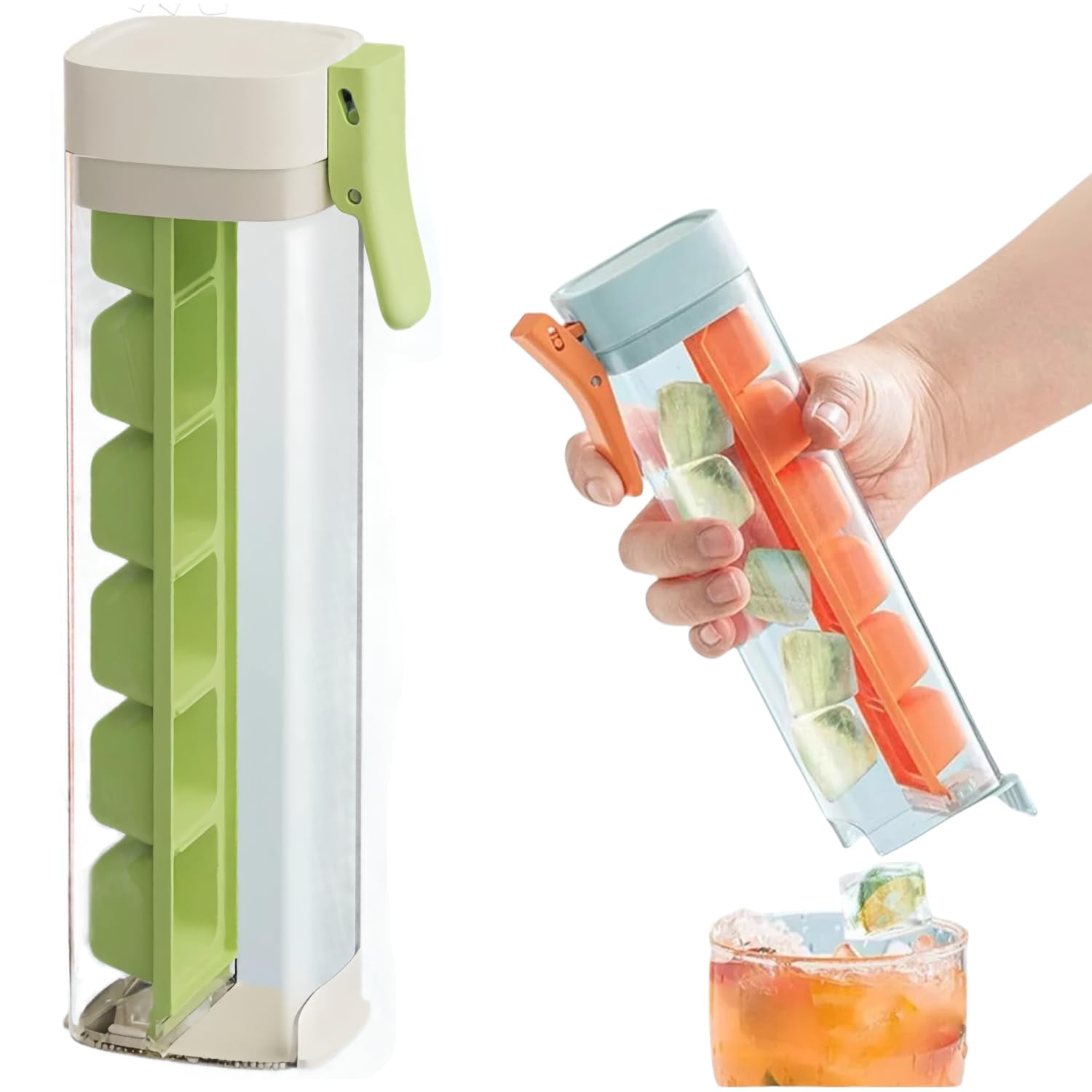 Glass Ice Cube Maker – Press Ice Tray Mold with Storage Container, Portable 6 Grid Square Ice Tray for Home, Kitchen, Office(Green)