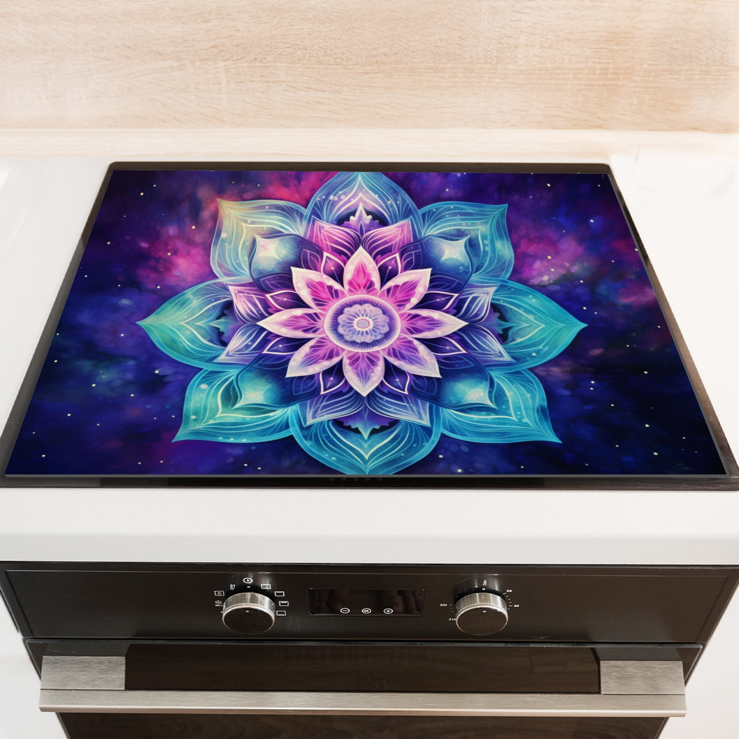 Glass Induction Cooktop Protector Mat, Blue and Purple Fantasy Mandala Flower Anti-slip Glass Stove Cover for Electric Stovetop, Foldable kitchen Decor Pad for Kitchen RV (28×20 Inch)