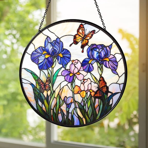 Glass Iris Butterfly Suncatcher: Floral Window Garden Decor, Suncatcher Window Hanging, 3.5 in
