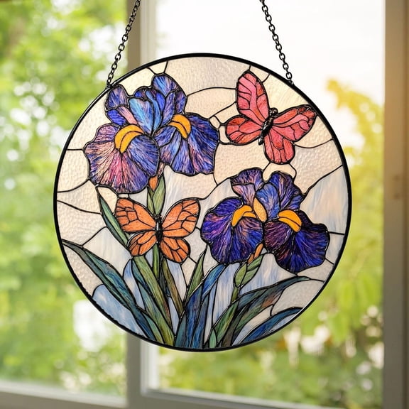 Glass Iris Suncatcher: Butterfly Window Ornament, Floral Garden Decor, Suncatcher Window Hanging, 3.5 in