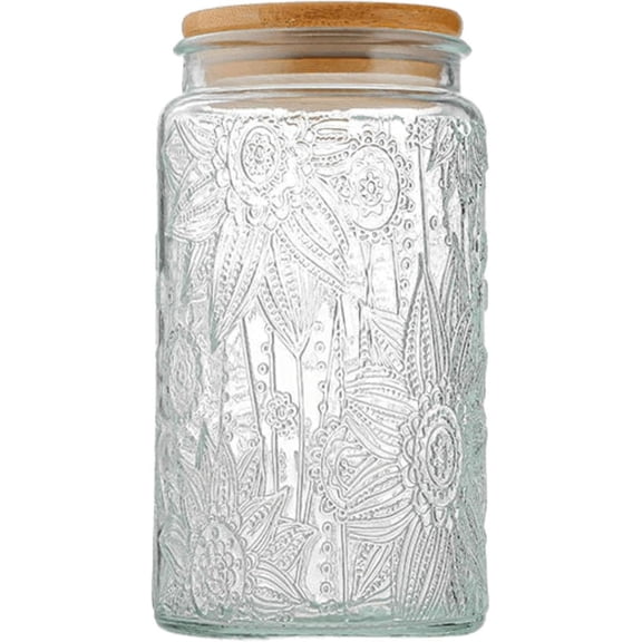Glass Jar with Airtight Bamboo Lid, 35oz Vintage Glass Kitchen Storage Counter Sealed Jar, Decorative Glass Food Storage Containers for Candy, Flour, Oats, Coffee Bean(Window Grilles)