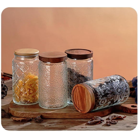 Glass Jar with Airtight Bamboo Lid, 35oz Vintage Glass Kitchen Storage Counter Sealed Jar, Decorative Glass Food Storage Containers for Candy, Flour, Oats, Coffee Bean(Window Grilles)