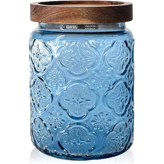 Glass Jar with Airtight Wood Lid  24 OZ Vintage Storage Canister for Kitchen Pantry Bathroom, Decorative Beautiful Container for Candy, Sugar, Coffee, Cookie, Tea, Treat, Salt, Snack, Blue Begonia