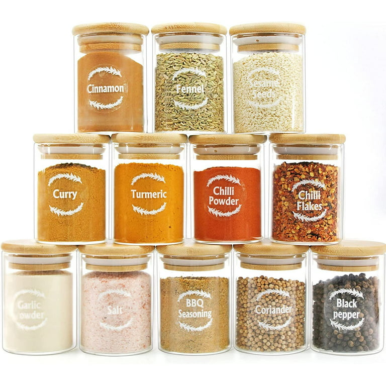 Spice Jars with Labels & 3mm Thick Glass – Airtight Spice Containers for Herbs & Seasonings – Seasoning Organizer - Glass Containers with Bamboo
