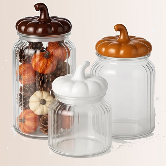 Glass Jar with Pumpkin Lid Clear Candy Jar Food Storage Canister with Airtight Ceramic Lid for Thanksgiving Party Tea Cookie Table Decoration (White, Brown, Light Brown, Autumn)