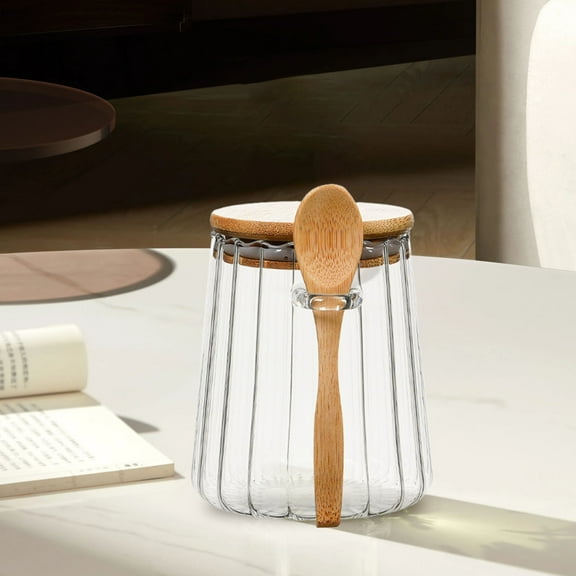 Glass Jar Sugar Container with Bamboo Spoons Lids Sugar Bowl Coffee Bar Food Storage Jar Cereal Nuts Salts Coffee Tea Flour Sugar Container Spice Jar Kitchen Decor Housewarming Gifts