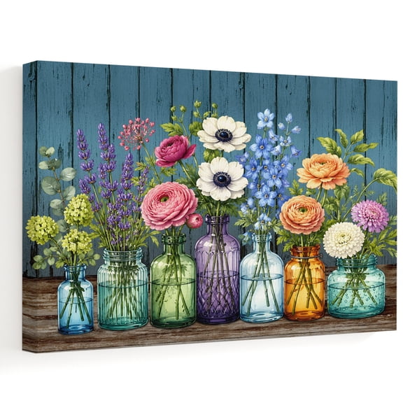 Glass Jar Vases Canvas Wall Art, Bloom Colorful Wildflowers Blue Wood Grain Rustic Wall Art Prints Artwork Framed Canvas Ready to Hang Art Pictures for Bathroom, Dressing Table, Entryway 12" x 8"