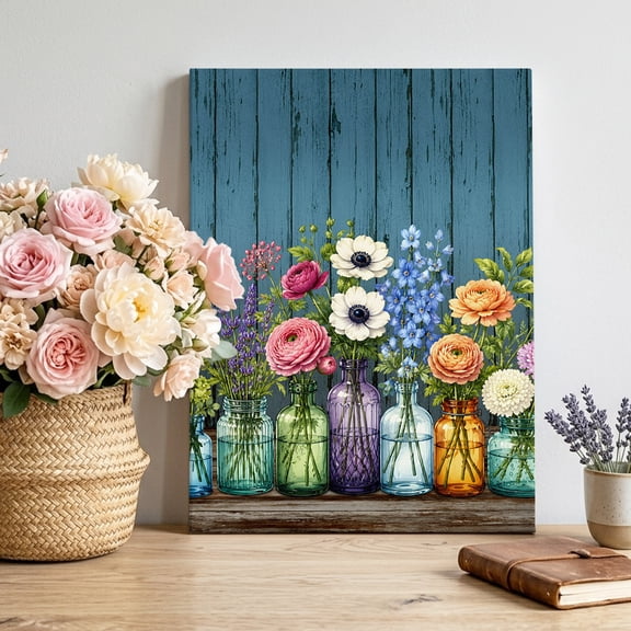 Glass Jar Vases Canvas Wall Art for Living Room, Bloom Colorful Wildflowers Blue Wood Grain Rustic Poster Print Painting for Entryway Side Of Cabinet Decoration Wall Pictures Prepare To Hang 8"x12"
