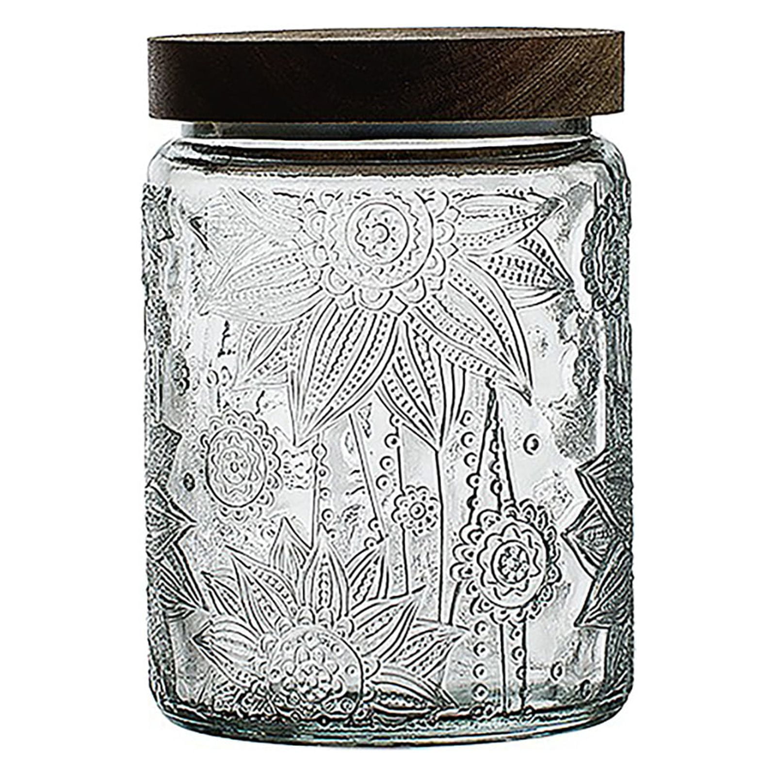 Vintage Clear Glass Jar with Wooden Lid and Embossed Design