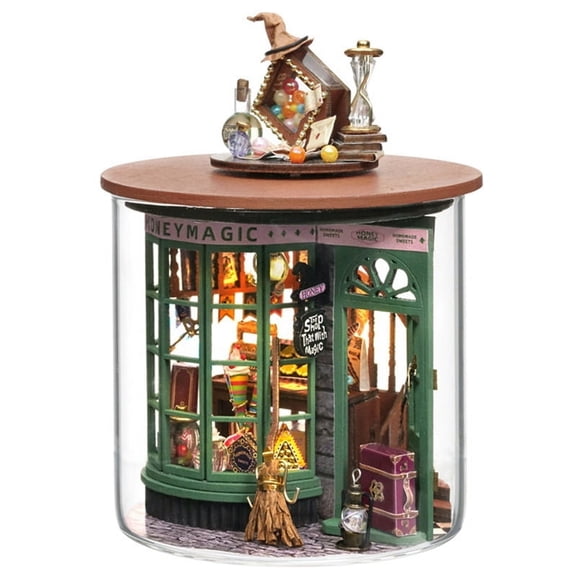 Glass Jar Wooden DIY Miniature House Kit, 3D Puzzle Book Nook Shelf Decor, Unassembled Tiny Scene Craft Model Kit with Instruction Manual for Adult Hobby Collection Gift