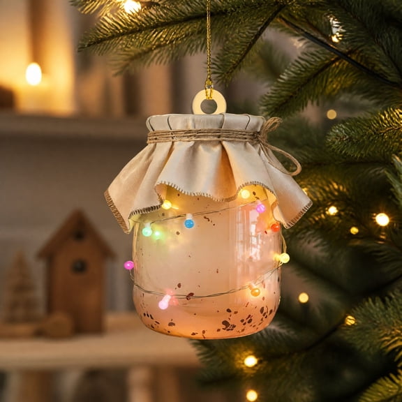 Glass Jar with Linen Cover and Colorful String Lights, 2D Resin Christmas Tree Hanging Ornament, Cozy Glow Theme, Gold Hanging String, 1 Count