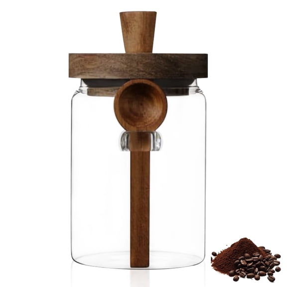 Glass Jar with Wooden Lid and Spoon, 20.3oz Coffee Canister, Glass Jar for Tea, Sugar & Kitchen Pantry Storage, Countertop Organization