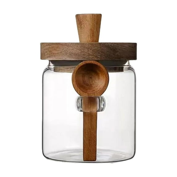 Glass Jar with Wooden Lid and Spoon, Food Storage Containers Coffee Jar Coffee Grounds Container, Glass Food Storage Canister (Small)