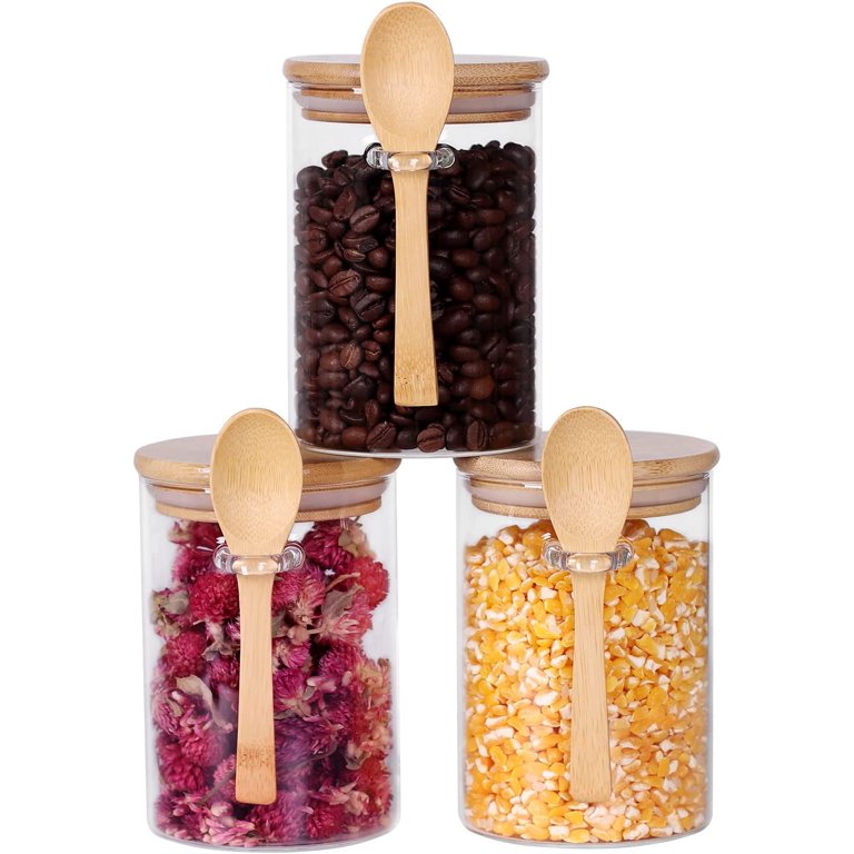 Glass Jars with Bamboo Lids and Spoon Set of 3, 17 OZ Coffee Sugar