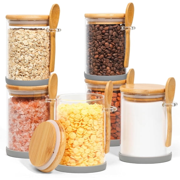 Glass Jars with Bamboo Lids & Spoons Set of 6,19oz Overnight Oats Containers with Lids,Sugar Coffee Containers Salt Spice Jars,Glass Jar with Spoon and Silicone Coaster