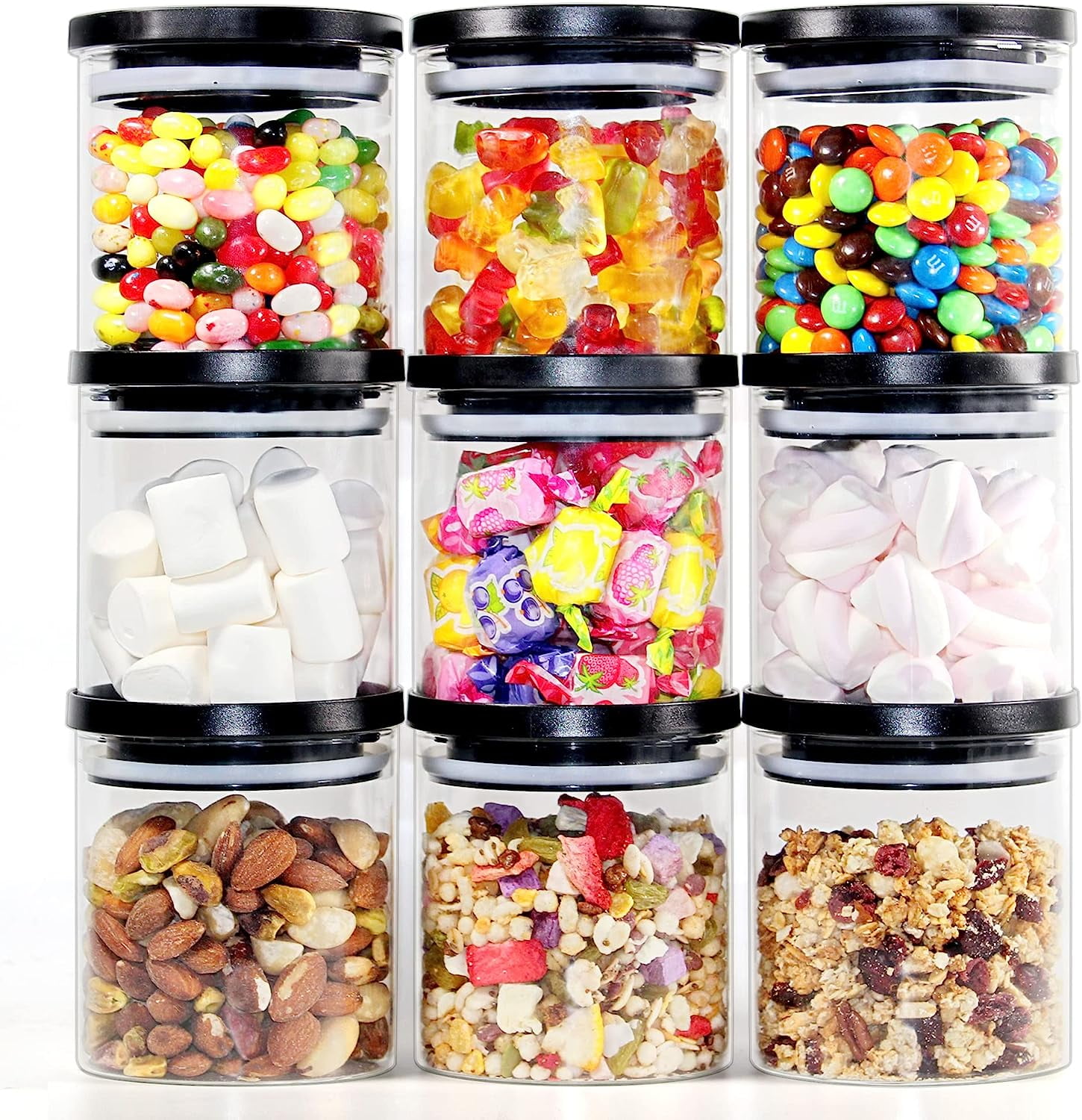 Glass Jars with Black Lids, Glass Food Storage Containers with Airtight