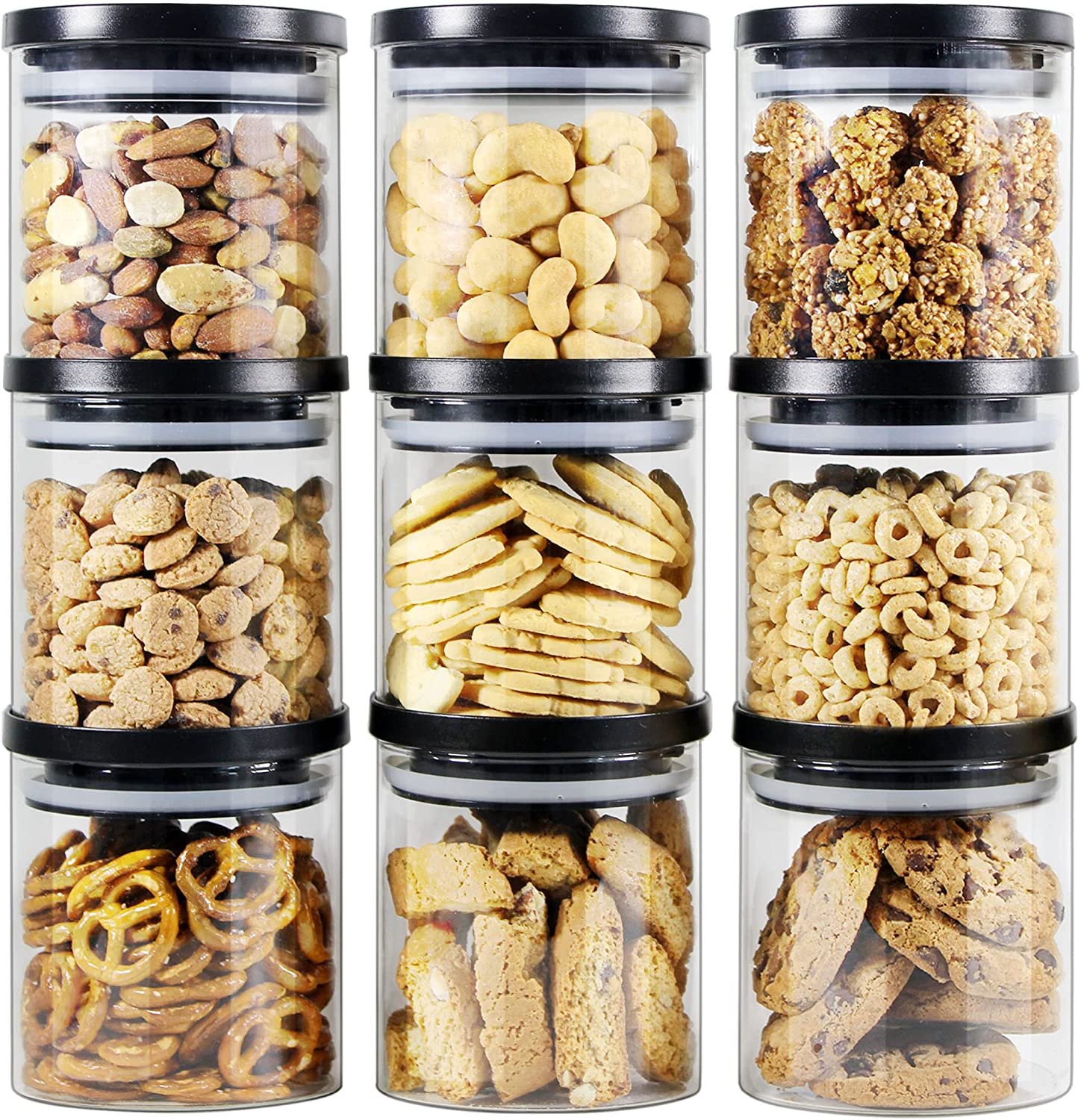 Glass Jars with Black lids, Food Storage Containers with Stackable Lids