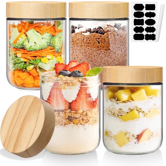 Glass Jars with Lids Overnight Oats Jar Glass Storage Jars for Jams Sweet Yogurt Hot Chocolate Pickling jars Glass Food Storage Containers for Tea Coffee Sugar Kitchen Preserving Jar 450ml - Set of 4
