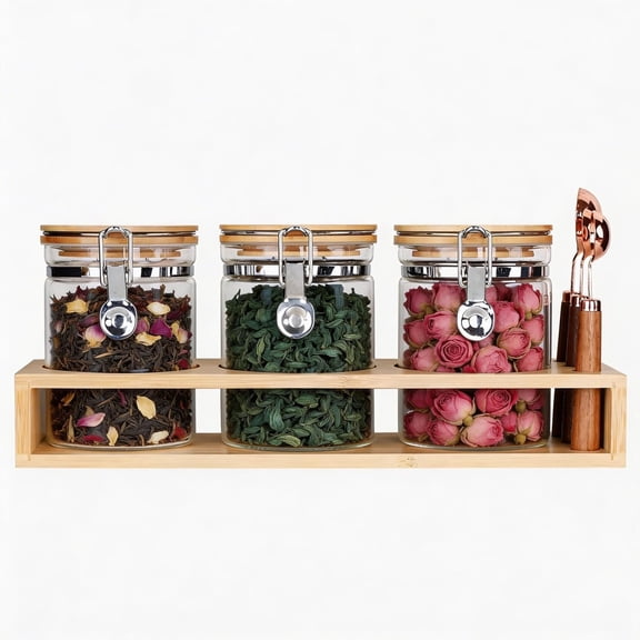 Glass Jars with Spoons & Rack, Set of 3 (15oz) - Ideal Superfood Container Set for Smoothie Bar & Overnight Oats Station | Airtight Storage for Chia Seeds, Flaxseed & Toppings