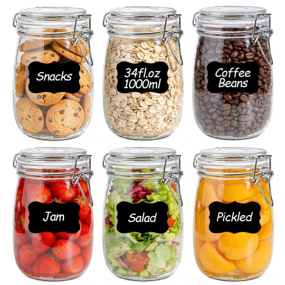 34oz 6 Pack Gljars With Airtight Lids - Round Food Storcanisters For Pantry Organization  Ideal Sugar Cookies Candy Coffee Nuts & Dry Goods | Thick