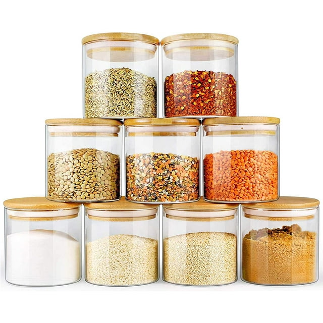 Glass Jars with Bamboo Lids EcoEvo, Glass Food Jars and Canisters Sets, 9 Pack of 16oz