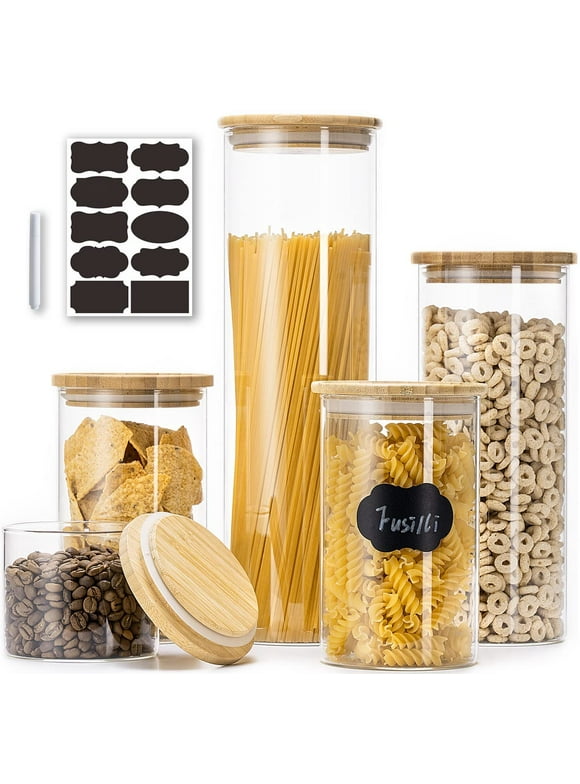 Glass Jars with Bamboo Lids,Glass Food Storage Jars with Wood Lids for Pantry-5 Pack