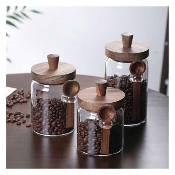 Glass Jars with Spoons - 3 Pcs Food Storage Containers for Coffee, Tea, Candy, Biscuits, Snacks, Seasonings - Airtight Glass Canisters with Lids