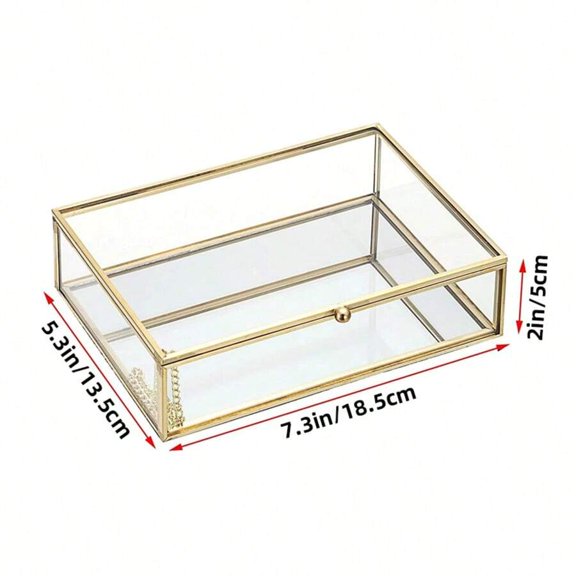 Glass Jewelry Display Box With Mirror Base Golden Frame 7.3 X 5.3 X 2 Inch Decorative Storage Organizer