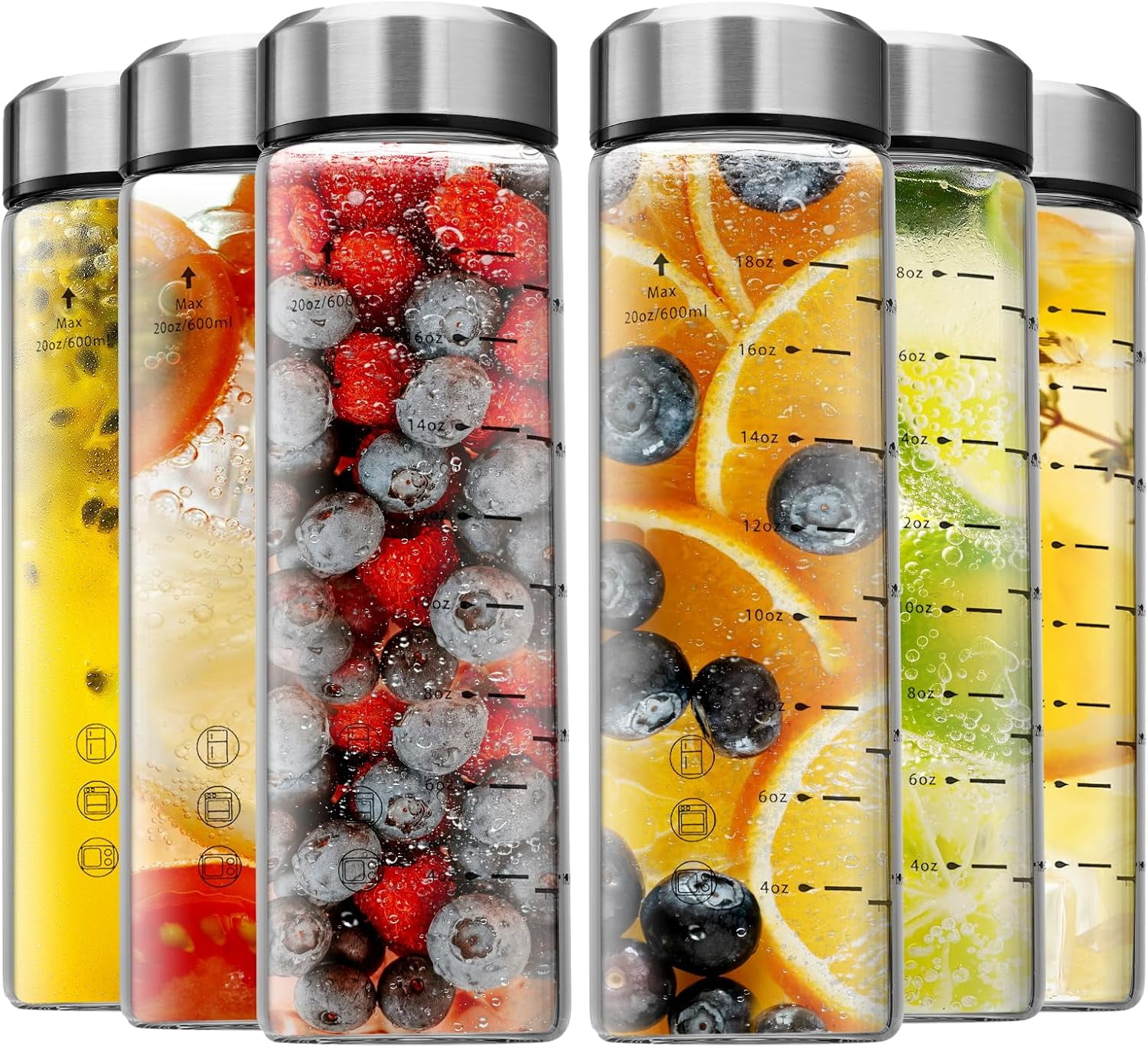 Glass Juice Bottles 6-Pack 20 Oz  Wide Mouth Reusable Bottles With  Stainless Steel Lids For Smoothies, Protein Shakes & Juicing (BPA Free)  Borosilicate Glass Drink Bottles