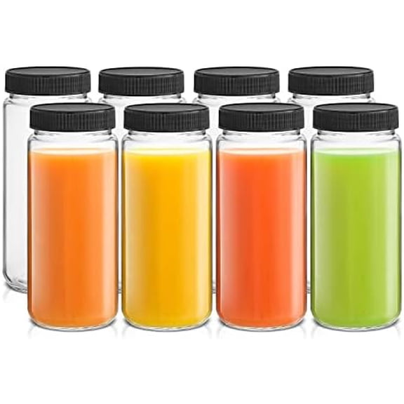 Glass Juice Bottles, 16 oz Glass Bottles with Caps. Set of 8 Juice Containers with Lids for Fridge, and Labels for Juice Jars. Glasses for Juice, Cold Brew Bottles, Smoothie Jars