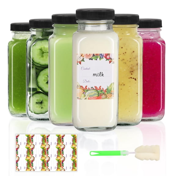 Glass Juice Bottles 8fl.oz-6Pack For Juicing, Water, Kombucha, Food Storage