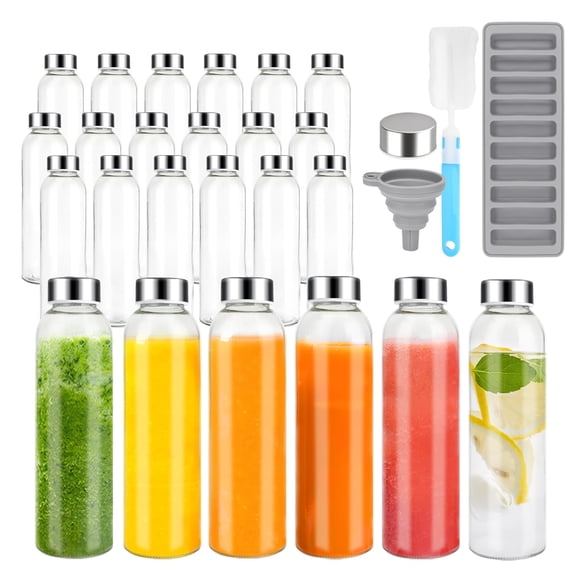 Glass Juice Bottles with Lids for Juicing 18 oz, Reusable Clear Glass Water Bottles with Stainless Steel Airtight Cap for Refrigerator, 100% Leak Proof Drinking Jar, BPA Free, Set of3