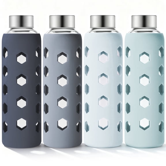 Glass Juice Bottles with Lids and Silicone Sleeves 18 oz, 4-Pack Reusable Clear Glass Water Bottles with Stainless Steel Airtight Cap for Juicing, Refrigerator, BPA Free Leak-Proof Drinking Jar