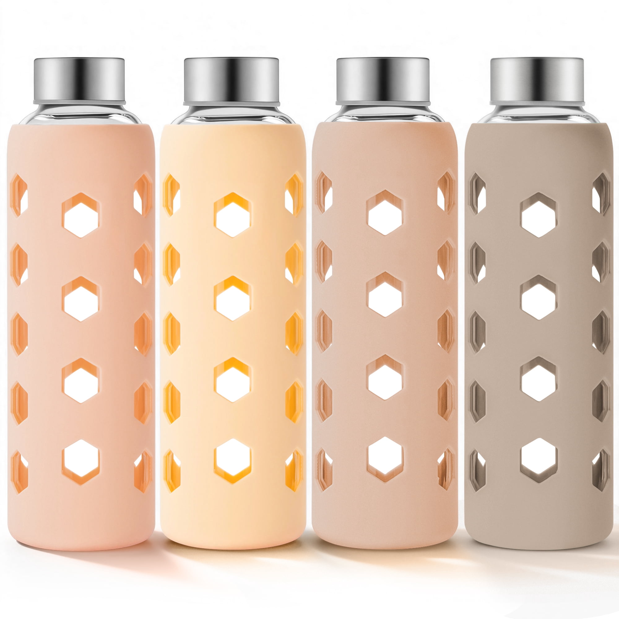 Glass Juice Bottles with Lids and Silicone Sleeves 18 oz, 4-Pack Reusable Clear Glass Water Bottles with Stainless Steel Airtight Cap for Juicing, Refrigerator, BPA Free Leak-Proof Drinking Jar