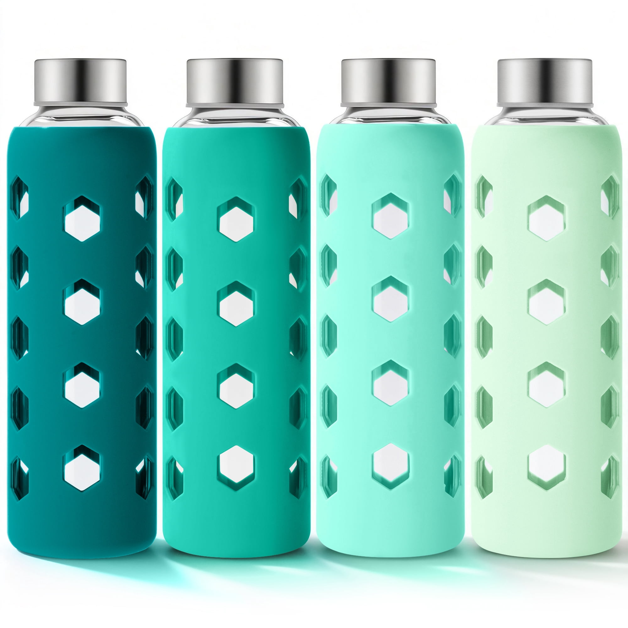 Glass Juice Bottles with Lids and Silicone Sleeves 18 oz, 4-Pack Reusable Clear Glass Water Bottles with Stainless Steel Airtight Cap for Juicing, Refrigerator, BPA Free Leak-Proof Drinking Jar
