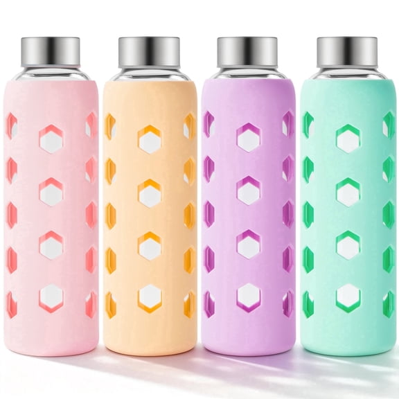 Glass Juice Bottles with Lids and Silicone Sleeves 18 oz, 4-Pack Reusable Clear Glass Water Bottles with Stainless Steel Airtight Cap for Juicing, Refrigerator, BPA Free Leak-Proof Drinking Jar