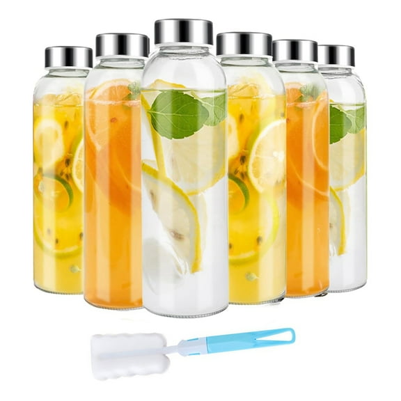 Glass Juice Bottles with Lids for Juicing 18 Oz, Reusable Clear Glass Water Bottles with Airtight Cap for Refrigerator
