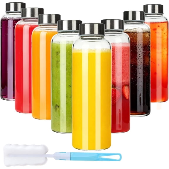 Glass Juice Bottles with Lids18 oz, Glass Water Bottles with Leakproof Cap for Juicing, Juice Glass Bottle Set of 8