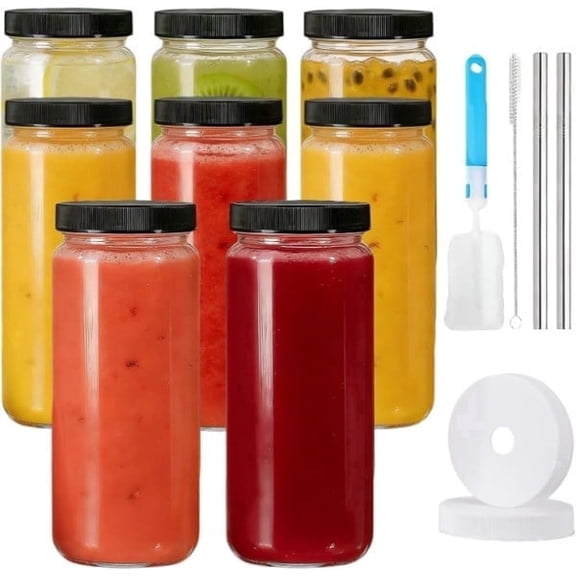 stusgo 16Oz Glass Bottles with Lids,BPA Free,Clear Glass Water Bottles with Stainless Steel Leak Proof Lids for Home, Office,Gym & Outdoors.Includes 2* straw and 1*cleaning brush.