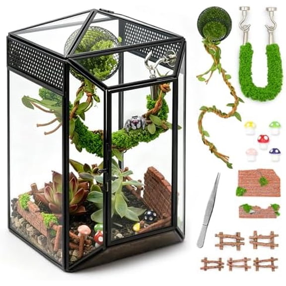 Glass Jumping Spider Enclosure Kit,Escape Proof Gothic Insect Terrarium & Desktop Display Habitat for Jumping Spiders,Praying Mantis & Arboreal Tarantulas,Minimalist Critter Keeper (No Plants)