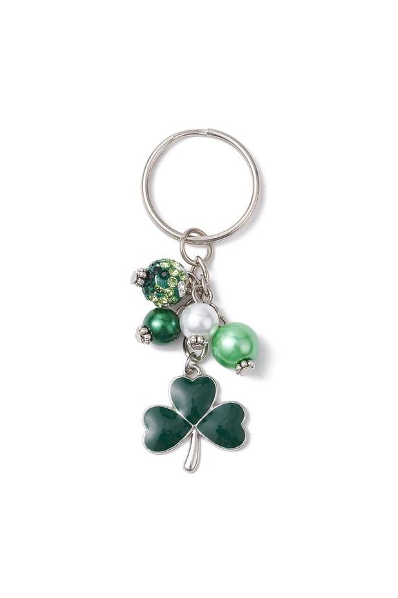 Glass Keychains with Iron Split Key Rings and Alloy Enamel Clover Charms Green 7.4cm