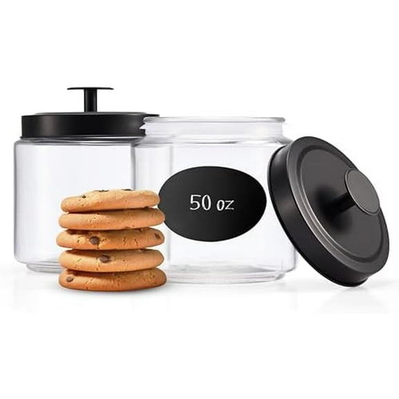 Glass Kitchen Canister Set, Food & Storage Containers for Pantry, Bathroom Apothecary Jars, Tinplate tight Lids, Counter Organizers, 50 oz, Black, Set of 2