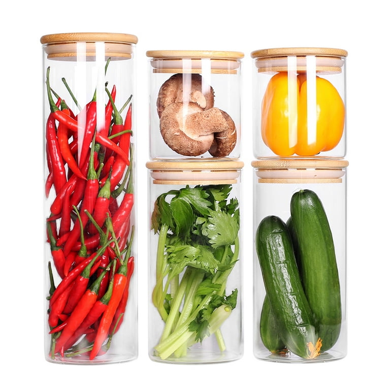 Glass Canisters with Airtight Bamboo Lids for Kitchen & Pantry (Set of 5)